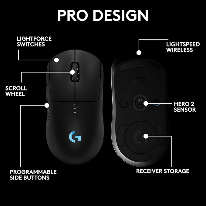 Logitech PRO 2 Lightspeed Wireless Gaming Mouse, Black | Hero 2 Sensor, 44k DPI, 8 Programmable Buttons, LIGHTFORCE Switches, RGB Lighting, Lightweight, PC/Mac | with Signature Series Charging Dock