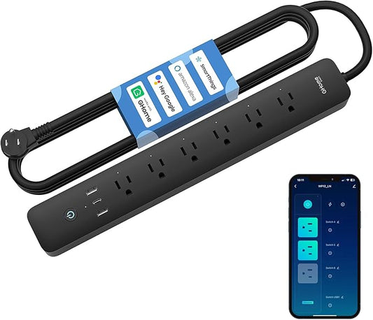 GHome Smart Plug Power Strip with 6 Smart Outlets & 3 USB Ports (30W Fast Charge, 2A1C), WiFi Surge Protector Works with Alexa & Google Home, Energy Monitoring, 2.4GHz Only, No Hub Required, Black