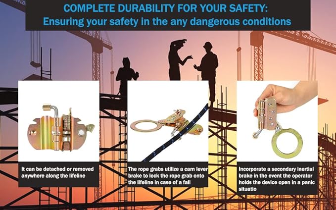 Fall Protection Rope Grab with Anti-Panic Feature, Auto-Trail Double Locking Rope Grabs Fall Arrester, Used with 5/8” Lifeline Rope, for Construction, Climbing, Comply to ANSI/OSHA