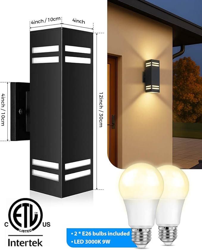KIZON Outdoor Wall Lights Dusk to Dawn, Modern Outdoor Sconce Up and Down Lighting, Square Matte Black Exterior Lighting Fixture Wall Mount for House Porch, LED Bulbs Included, ETL Listed