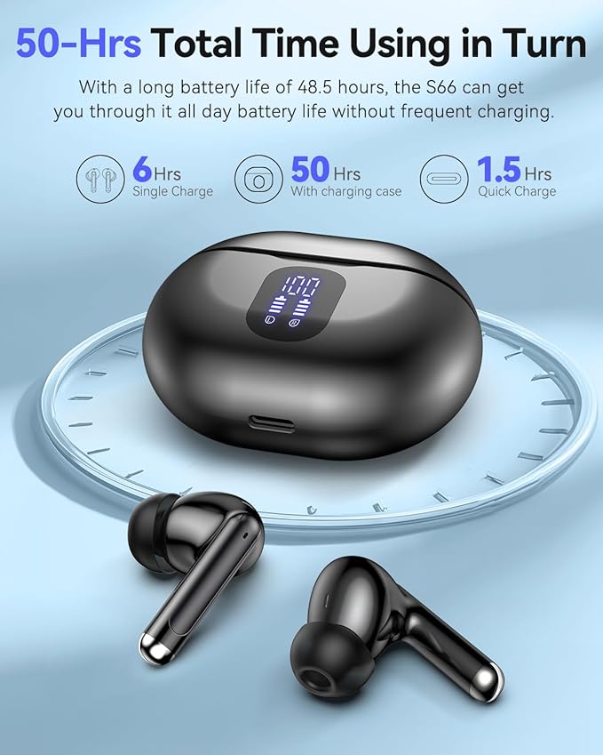 Bluetooth Headphones True Wireless Earbuds 50H Playback LED Power Display Earphones with Wireless Charging Case IPX7 Waterproof in-Ear Ear buds with Mic for Smart Phone Computer Sports, Black