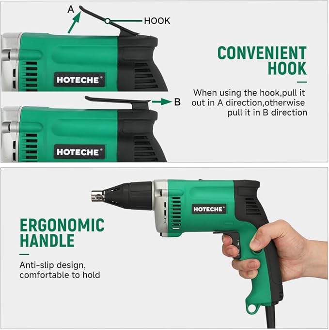 Hoteche 5-Amp Dry Wall Screw Driver, Electric Screwdriver with Variable Speed 0-4500 RPM, 1/4" Chuck, Forward & Reverse Switch with 6pcs Cr-V Bits
