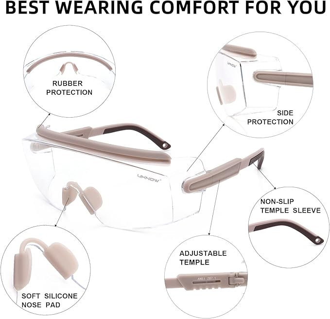 UKNOW Safety Goggles Over Glasses, Safety Glasses Anti Fog Wraparound Eye Protection, Protective Eyewear ANSI Z87.1