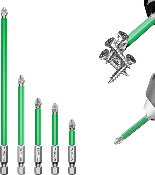 HUHAO 5Pcs High Magnetic Screwdriver Bit Set,S2 Alloy Steel Anti-Slip Drill Bit,1/4 Inch Hex Shank,Phillips Impact Screwdriver Bits Sets Waterproof Impact Batch Head for Electric Hand Tool,50mm-150mm