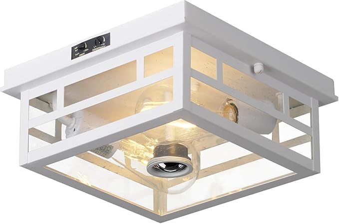 Outdoor Flush Mount Motion Sensor White Ceiling Light - Timeless Industrial Design with Seeded Clear Glass for Your Porch, Driveway, Covered Patio, Farmhouse, and Entryway