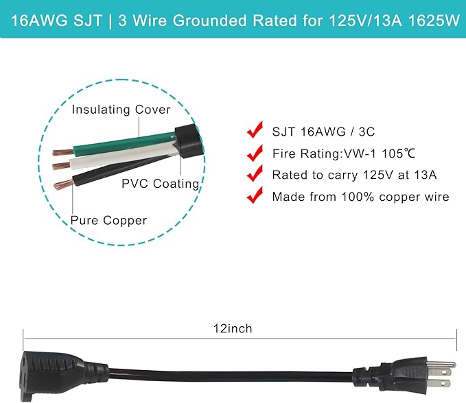 1FT Short Power Extension Cord 1FT - Short 3 Prong Extension Cord Outlet Saver Indoor SJT 16 AWG Heavy Duty 1 Foot AC Power Extensions Cable with NEMA 5-15P to NEMA 5-15R Connector (2PACK)