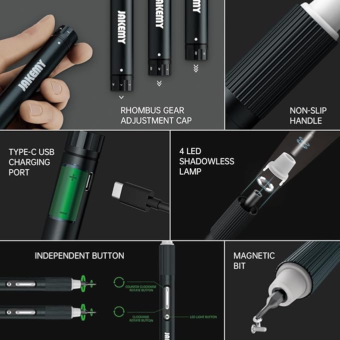 Gear Adjustable Mini Electric Screwdriver,JAKEMY Laptop Screwdriver Repair Tool Kit Cordless Torque Power with Light Manual&Automatic Rechargeable for Phone,Consoles,Toys,Ect, (JM-E21A)
