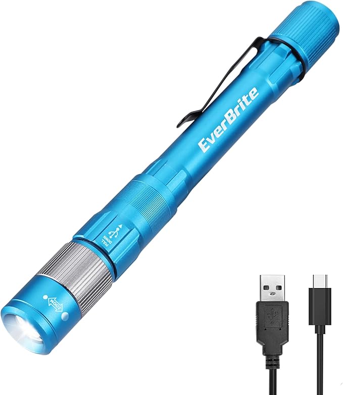 EverBrite Pen Light, Rechargeable Pen Flashlights, 300 Lumens Zoomable LED Small Flashlight with Clip, Memory Function, USB-C Cable Included, Pocket Size for Camping, Emergency, Mechanic, Blue