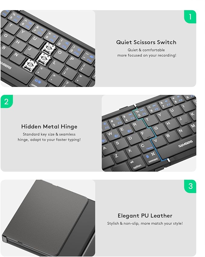 Samsers Foldable Bluetooth Keyboard with Touchpad, Full-Size Wireless Folding Keyboards with PU Leather, Support 3 Devices (BT5.1 x 3), Portable Travel Keyboard for iOS Android Windows Mac OS, Black
