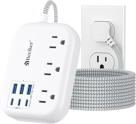 6 USB(3 USB C) Surge Protector Power Strip- Extension Cord 10 Ft with 24W USB Charging Station and 3 Outlets, Flat Plug Long Braided Extension Cord with Multiple Outlets for Home Office College Dorm