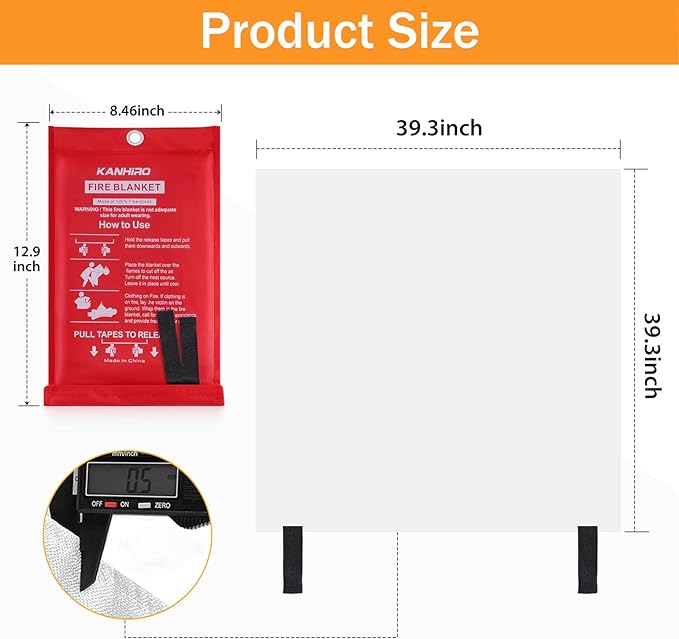 Emergency Fire Blanket for Home Kitchen - KANHIRO Fiberglass Fire Suppression Blanket Great for School, Fireplace, Grill, Car, Office, Warehouse (5 Pack, 39 in X 39 in)