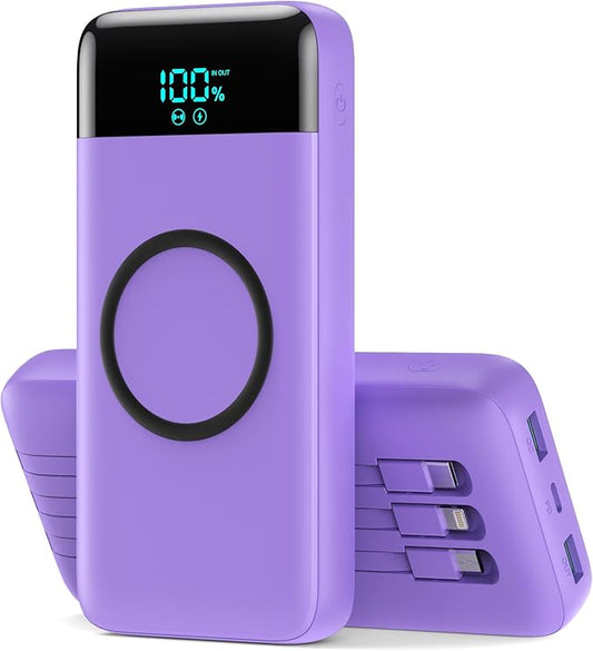 Wireless Portable Charger 40800mAh with 3 Built-in Cables,7-in-1 15W Wireless Charging Power Bank,25W PD QC 4.0 Fast Charging USB C LCD Display Battery Pack for iPhone 16/15/13,Samsung,Android-Purple