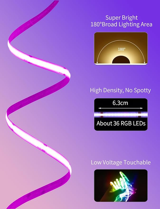 COB RGB LED Strip Lights, Bright 20ft RGB COB LED Lights for Game Room Bedroom Kitchen Lighting Home Decor LED Light Strip with 44 Keys Remote Smart App Control Music Sync Color Changing