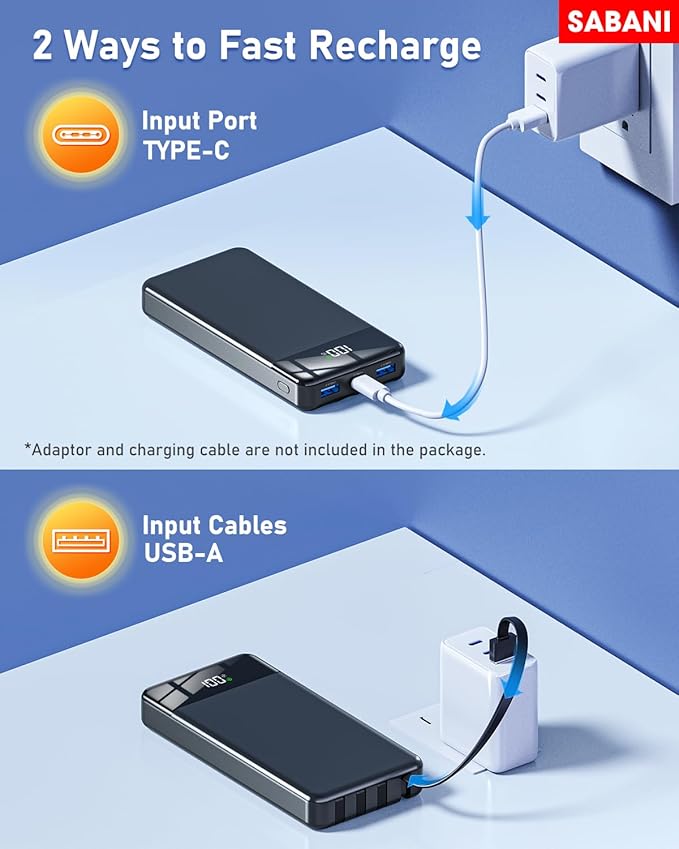 Portable Charger 35000mAh Power Bank - Powerbank with 4 Built in Cables, 22.5W Fast Charging Travel Camping Essential Battery Pack Compatible with iPhone 16 15 14 13 Samsung Google etc, 1 Pack