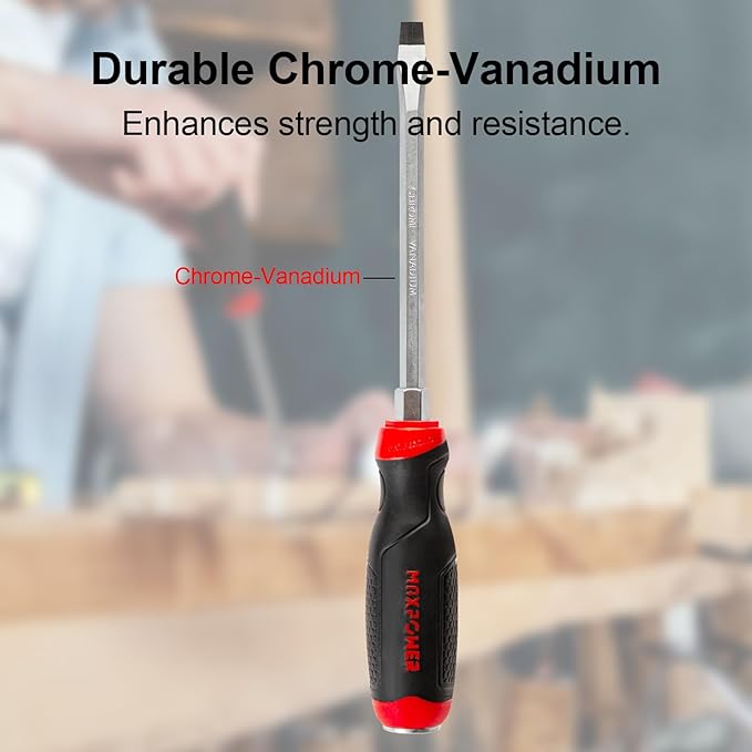 MAXPOWER Strike Cap Go Through Screwdriver Slotted 0.3 x 5.9 Inches, Cr-V Steel Flat-Head with Striking Cap Magnetic Tip, Ergonomic Soft Grip TPR Handle