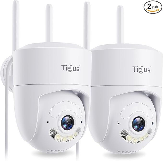 5G/2.4G Security Camera Outdoor, 24/7 Recording Wired Cameras for Home Security, Plug-in Power, 360° PTZ, Auto Tracking, Color Night Vision, IP66 Waterproof, SD/Cloud Storage, White-2 Packs