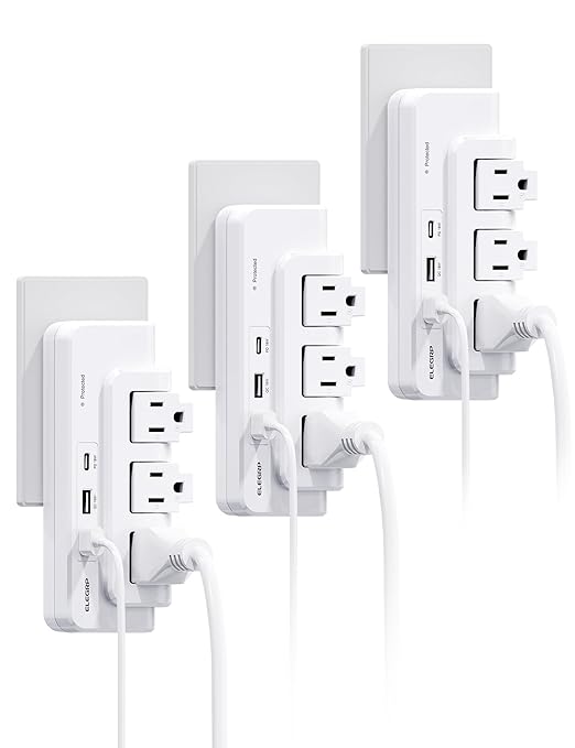 ELEGRP Outlet Extender with Rotating Surge Protector & 3 USB Ports, Multi Plug Adapter - Power Strip for Home, Office, Travel - ETL Listed, White, 3 Pack