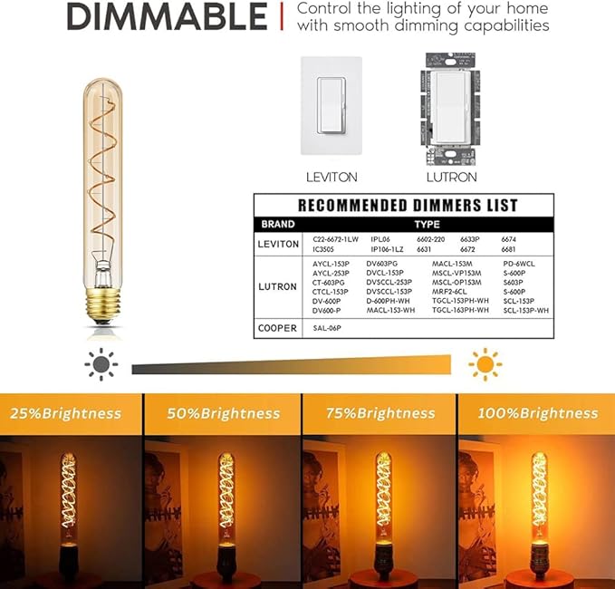Dimmable T10 LED Bulbs, Warm White 2200K Amber, 7.3inch Long Tubular Light Bulb, 40 Watt Vintage Edison LED Filament Bulb,400lm,E26 Base Led Tube Bulb,Amber Glass,Pack of 4