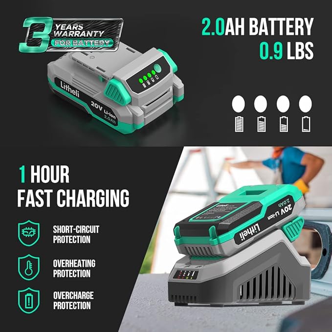 Litheli Cordless Drill Set, 20V Max Power Drill, 3/8” Keyless Chuck, 18+1 Torque Settings, Variable Speed, w/ 2.0 Ah Battery and 1 Hour Fast Charger Included