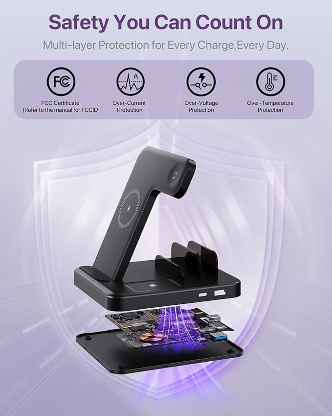 Multiple Devices Charging Station, 5-in-1 Charging Station for iPhone 16e/16 Pro Max/Pro/Plus/15/14/13/12, iPad Pro/Air/Mini, Apple Watch and Airpods,Wireless Charging Dock(G805) (Lavender)