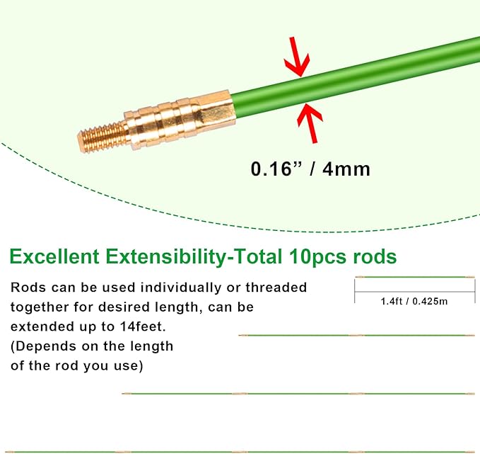 14FT Wire Fishing Tool Fish Tape Cable Rods, Bright Green Wire Puller with 5 Different Attachments in a Carrying Case