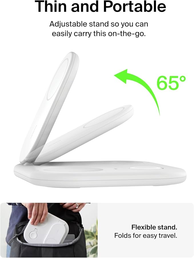 Belkin 3-in-1 MagSafe-Compatible iPhone Charger 15W, Foldable Magnetic Qi2-Certified Wireless Charging Station for iPhone 16, Apple Watch Series 10, AirPods 4, and More, w/Non-Slip Base & PSU - White