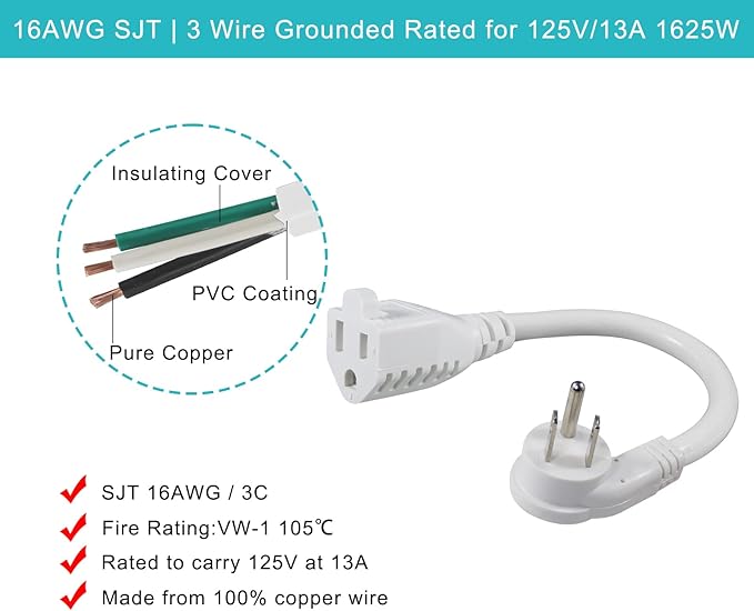 [1 Pack] Flat Wall Plug Short Power Extension Cord - 6inch Mini White Low Profile Flat Head Small Appliance Power Supply AC Cord, 1625W 16AWG Household 3 Prong Indoor Grounded Short Extension Cord