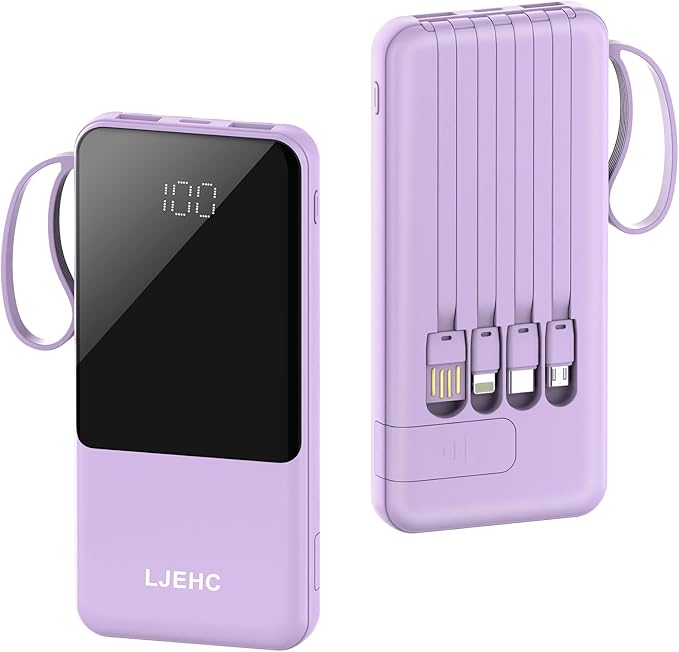 Portable Charger with Built in Cables,10000mAh Slim USB C Power Bank,5 Output 3 Input LED Display High Speed External Battery Pack Travel Phone Charger for iPhone Samsung Pixel LG Moto iPad,Purple