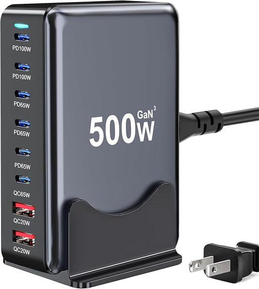 500W USB C Charger Block, 8-Port Fast USB Charging Station Dual PD 100W GaN Ⅲ Pro Charging Station For Multiple Devices, Laptop Charger Adapter Compatible with MacBook, DELL, iPad, iPhone, Samsung etc