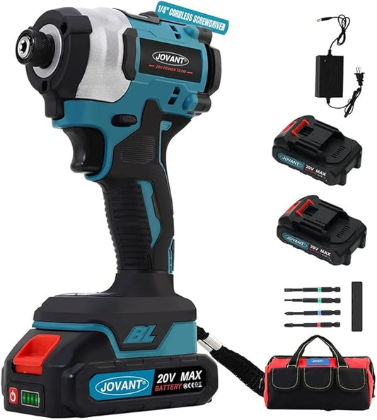 Cordless Impact Driver with 2x2.0Ah Battery and Charger, 100Ft-lbs(135N.m) Drill/Driver Set, 3200RPM Brushless 1/4 inch Hex Impact Screwdriver with Bit Accessories, 4+3 Speed, Led Light-JOVANT