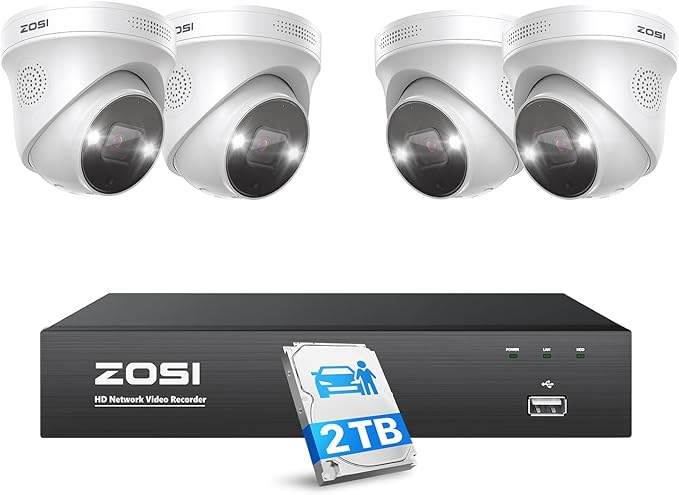 ZOSI 4K Spotlight PoE Security Camera System with Person Vehicle Detection,2 Way Audio,Color Night Vision,8 Port 16CH 8MP NVR with 2TB HDD,4pcs 5MP Outdoor PoE IP Cameras for Home 24/7 Recording