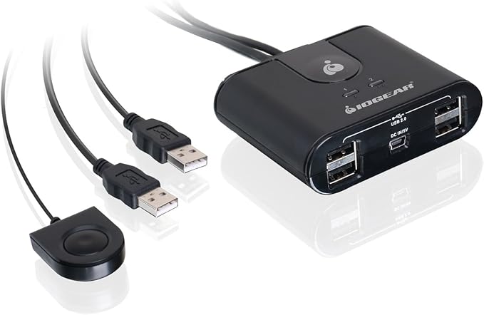 IOGEAR USB 2.0 2x4 Peripheral Switching Hub - 2 PC Share To 4 USB Devices - Up To 480Mbps - Mobile Devices Charging - Mouse/Keyboard - Printer - Scanner - EX HD - LED Indicators w/Remote - GUS402