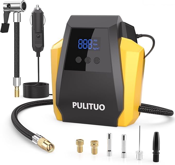PULITUO Tire Inflator Portable Air Compressor - Car Accessories 12V DC Air Pump for Car Tires with Digital Pressure Gauge, Emergency LED Light for Wheel, Bike, Ball, Motor