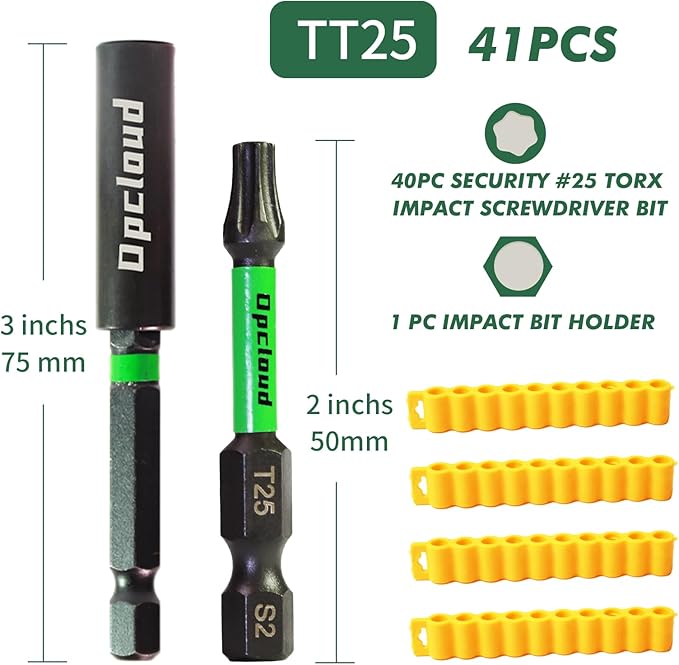 T25 Impact Screwdriver Bit Set, 41 Pieces 2”S2 Steel Magnetic Security #25 Torx Tips Driver Power Bit Set with Extension Impact Bit Holder