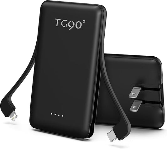 TG90° Portable Charger Power Bank,5000mAh Small Battery Pack with Built-in Foldable AC Wall Plug and Cables, Mini Battery Charger Compatible with iPhone 16 15 14 13 12 Samsung Google iPad etc