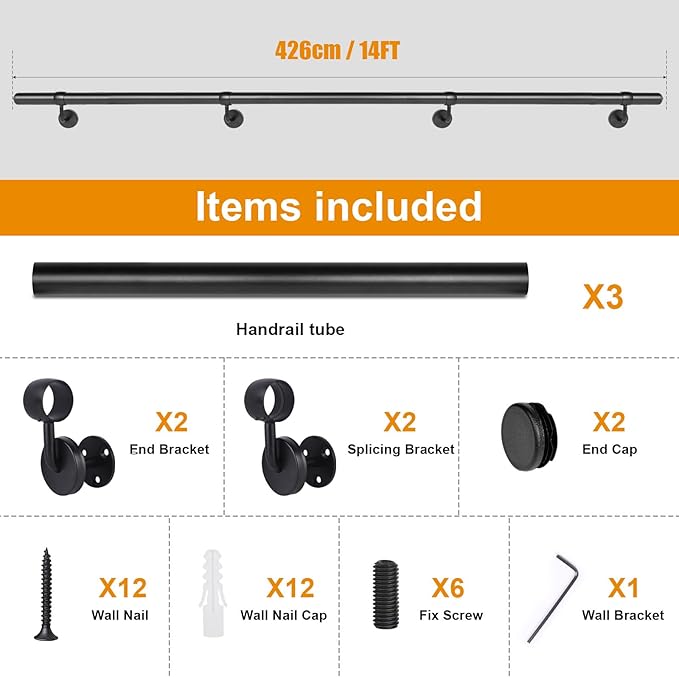 14Ft Industrial Metal Stairs Handrail Kit, Sturdy Wall Mount Aluminum Hand Rail, Indoor Outdoor Stair Railing Wood Concrete Brick Wall,1.5 in Round Pipe Grab Bar, Matte Black-14FT