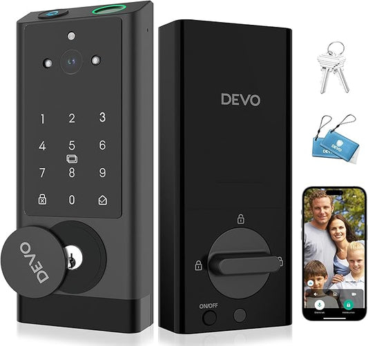 DEVO G1 Video Smart Lock with Camera & Doorbell, 6-in-1 Keyless Entry Door Lock with Fingerprint, App Remote, Auto Locks, Built-in Wi-Fi Smart Deadbolt for Front Door(Black)