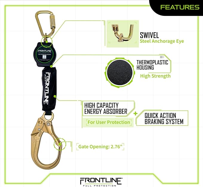 Frontline RPA061R 6' Aramid Web Single Leg SRL with Steel Rebar Hook End | Lightweight, Durable & Compact | Aramid Fiber Webbing Retractable | 310 lbs Capacity | OSHA & ANSI Compliant