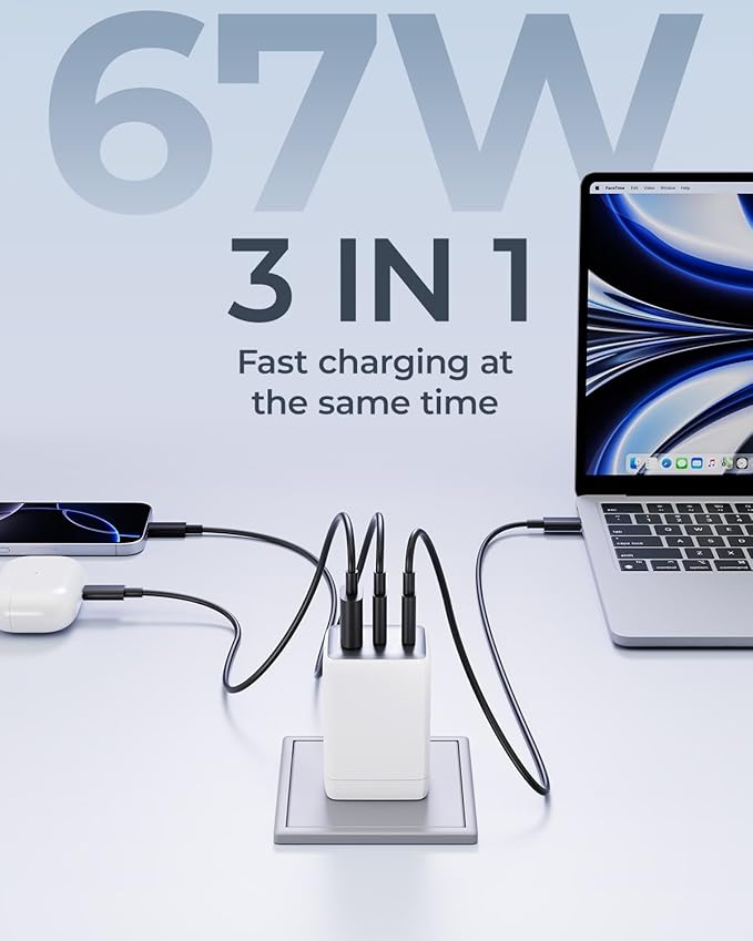 67W USB C Charger, 3-Port GaN Fast Charging Block with Foldable Plug, Compatible with MacBook Pro/Air, iPad Pro, iPhone 16/15/Pro, Galaxy S25/S24, Note20, Pixel, Apple Watch, (White)