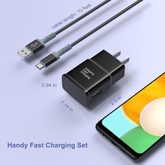 Adaptive Fast Charging Wall Charger with USB C Cable 10Ft, Excgood Fast Charger Power Adapter USB Type C Cable Fast Charging Compatible with Galaxy S25 S24 S23 S22 S21 S8 S9 S10 A15 A03s Android Phone