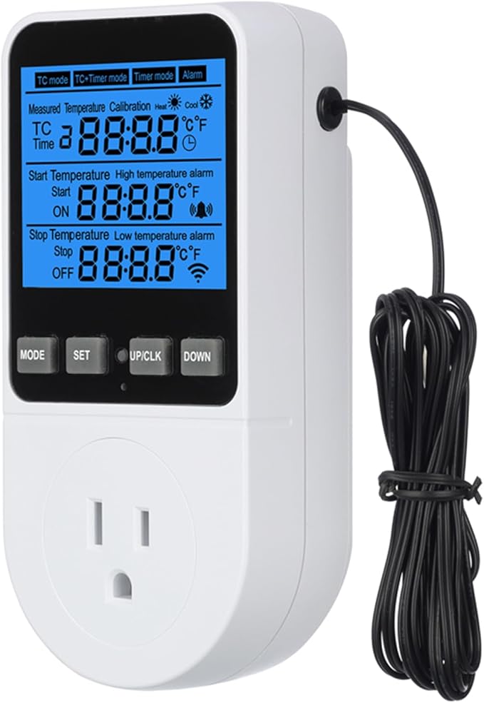 Digital Day Night Thermostat Outlet Plug with Timer, Heating Cooling Multi Period Temperature Controller, LCD Screen Outlet Socket for Reptile Incubator Greenhouse Brewing Refrigerator 110V