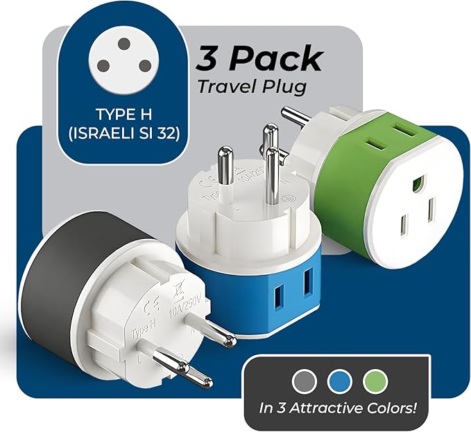 OREI Israel, Palestine Power Plug Adapter with 2 USA Inputs - Travel 3 Pack - Type H (US-14) Safe Grounded Use with Cell Phones, Laptop, Camera Chargers, CPAP, and More