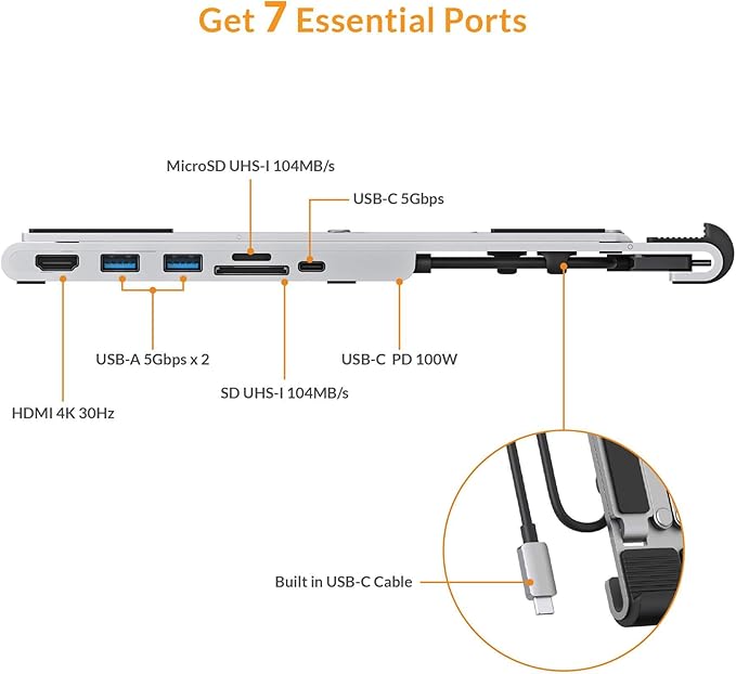 HyperDrive 7 in 1 USB C Hub Laptop Stand - HDMI 4K30Hz, USB-C 100W PD, USB-A 5Gbps, SD/MicroSD, Compatible with MacBook/iPad/Windows/Chrome - 10”-17” Laptop Docking Station Stand