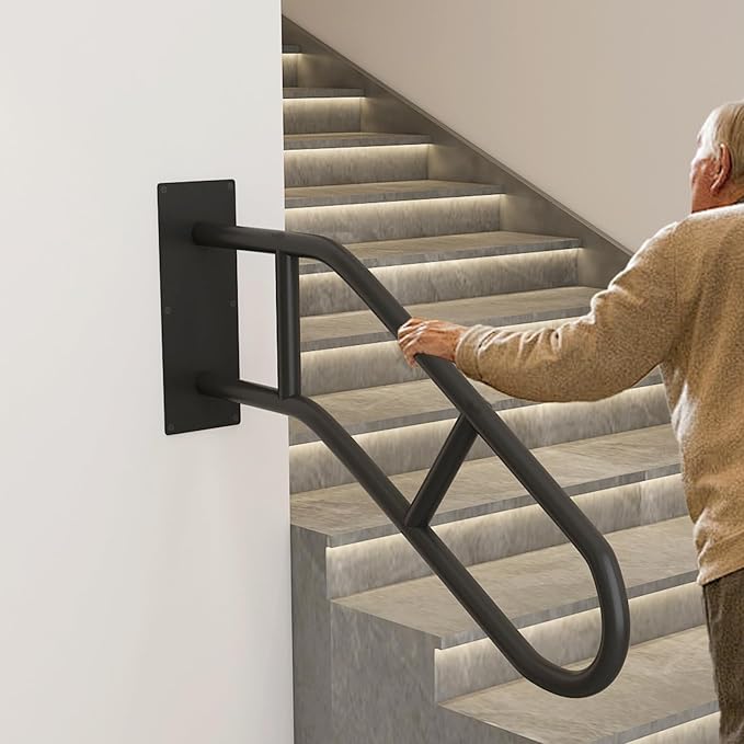 Hand Rails for Outdoor Steps U-Shaped, Black Iron Stair Railing Indoor 1-3 Step, Wall Mounted Railing for Stairs, Stair Handrail for Elderly, Kids, Pregnant Women, Porch Deck Garden Grab Bar -1 Pack