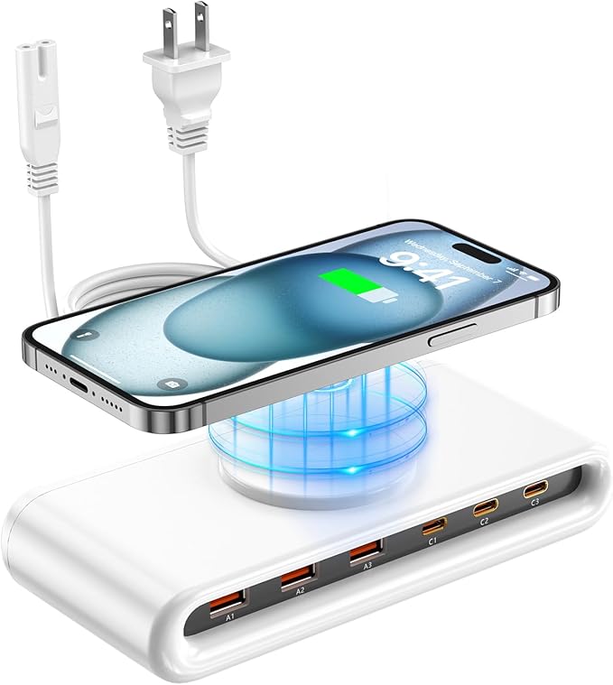 135W USB C Charging Station, 7-in-1 Magnetic Wireless USB Charger Station with PD 45 Fast Charging & 10W Wireless Charger for Phone 13 12 iPad Samsung Laptop and More