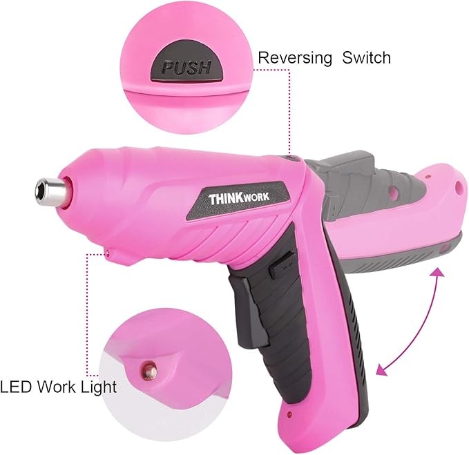 THINKWORK 122-Piece Pink Tool Set with 3.6V Rotatable Electric Screwdriver, Home Tool Kit for Women with Easy Carrying Round Pouch, Ladies Pink Tool Kit for Home Maintenance, DIY, Gifts