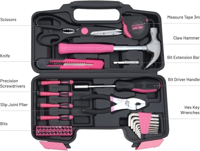 39-Piece Household Tools Kit - Portable and Essential Repair Set Ideal for Women, College Students, Home Use & More (39p-Pink)