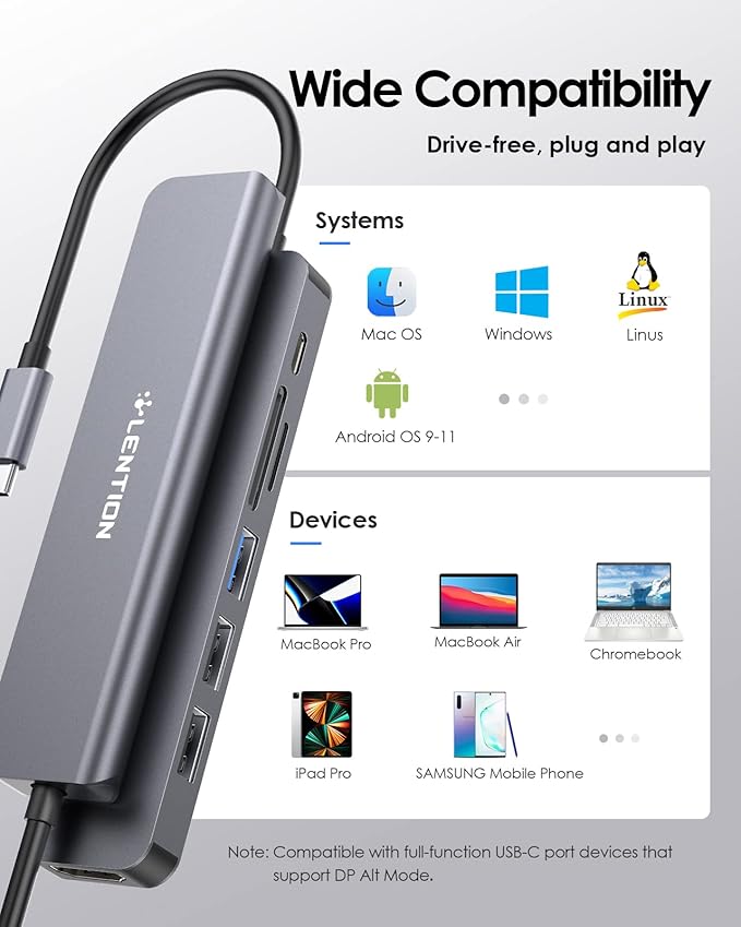 LENTION USB C Hub with 100W Charging, 4K HDMI, Dual Card Reader, USB 3.0 & 2.0 Compatible MacBook Pro, New Mac Air/Surface, Chromebook, More, Stable Driver Adapter (CB-CE18, Space Gray)