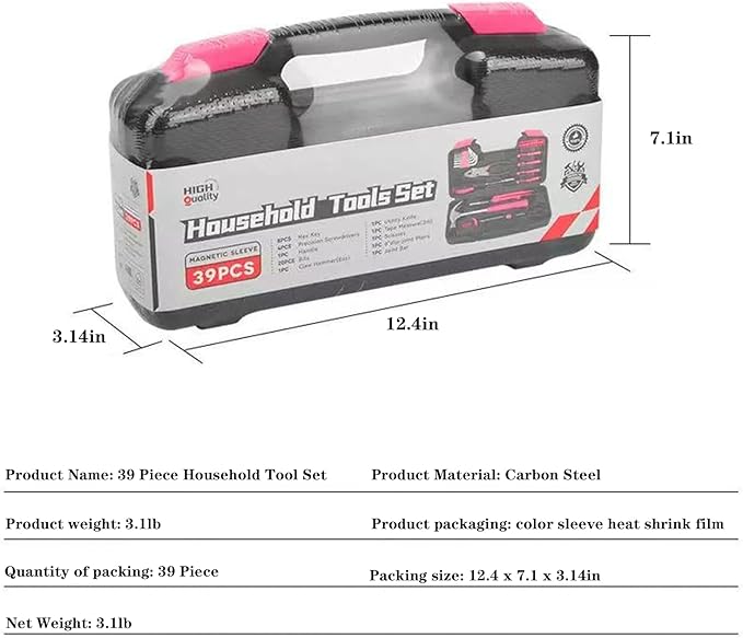 39 Pcs All Purpose Basic Household Pink Tool Kit for Women - Small Tool Set with Toolbox Great for Home, Garage, Office and College Dormitory Use