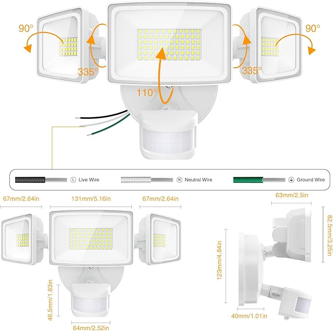 Onforu 3 Pack 65W LED Motion Sensor Outdoor Lights, Security Light Motion Outdoor Flood Light Fixture Detection Detector, 3 Adjustable Heads 6500LM 6500K IP65 Waterproof Exterior Garage Yard (White)